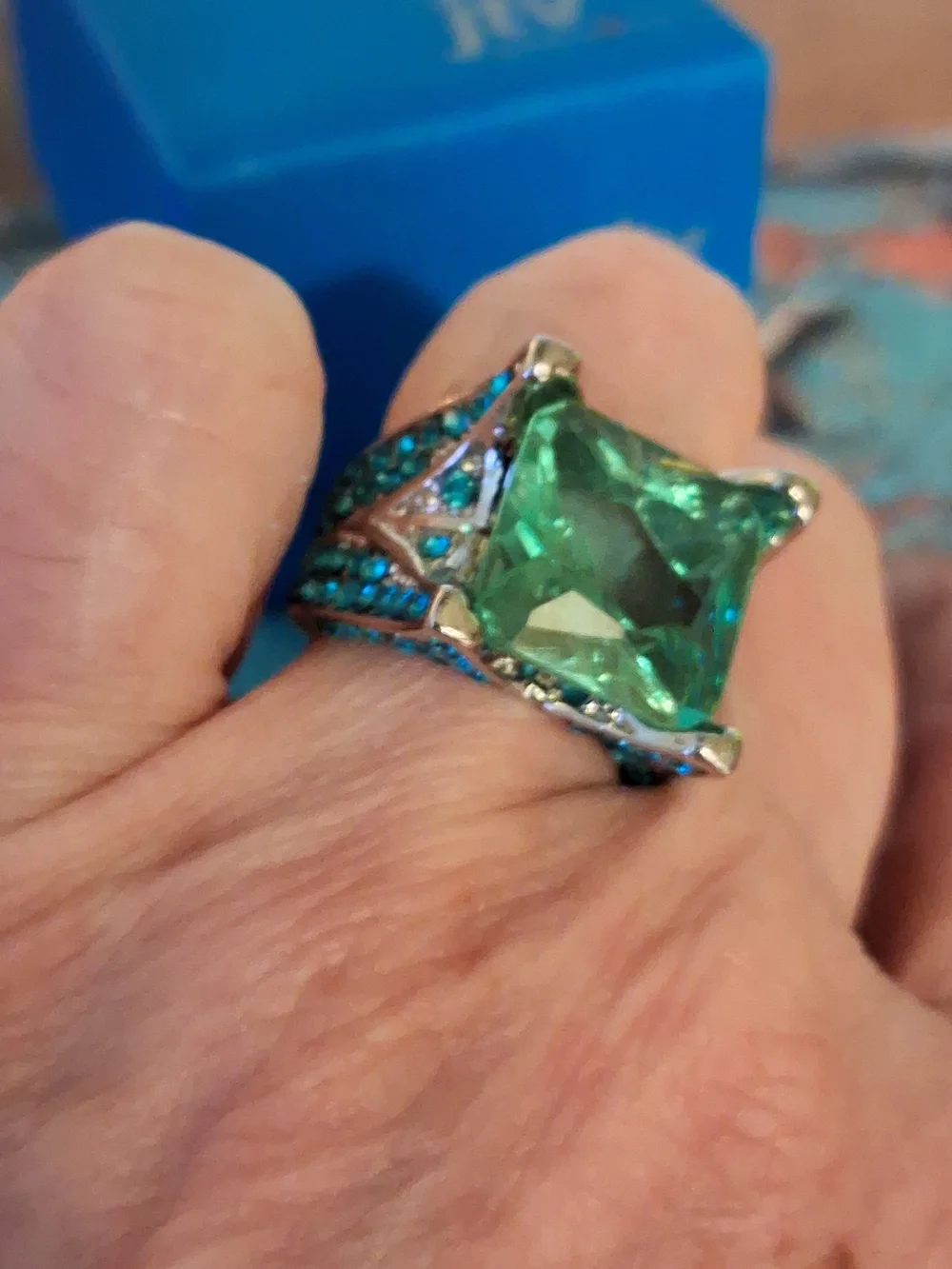 JTV Silver Green Cubic Zirconia Cocktail Ring